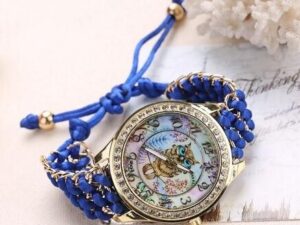 montre hibou bleu laine et or femme