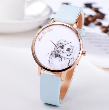montre_hibou_quartz_or_cuir_bleu_clair hibou montre bracelet cuir chouette