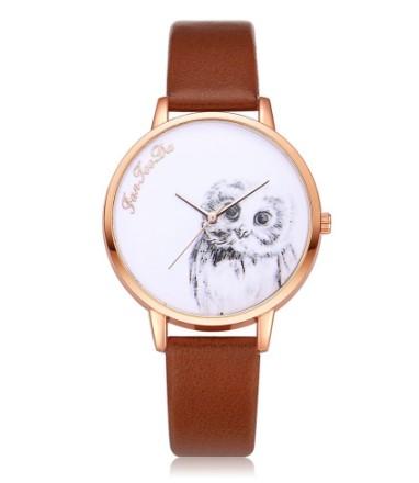 montre_hibou_quartz_or_cuir_brun montre bracelet cuir marron hibou chouette