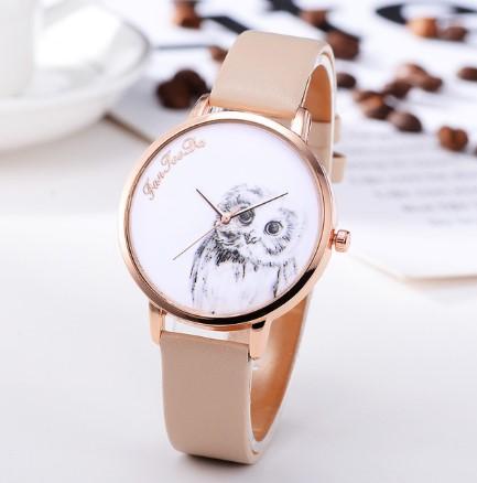 montre_hibou_quartz_or_cuir_brun_clair bracelet cuir montre hibou sobre classe pas cher