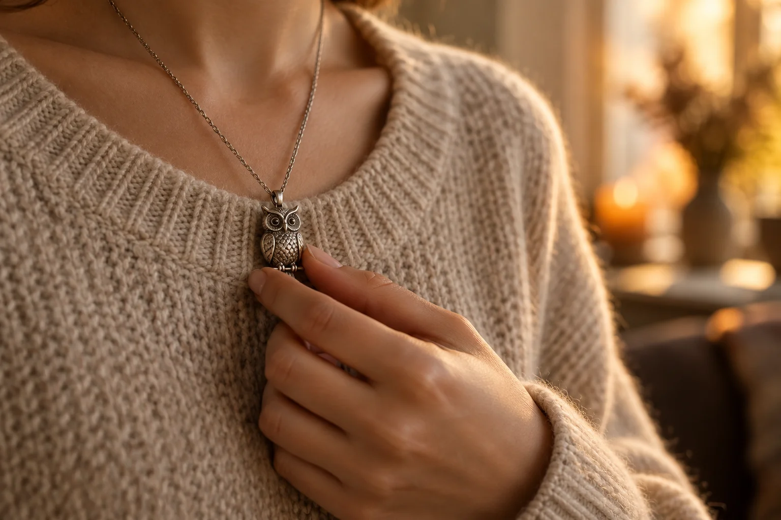 Main effleurant un pendentif hibou argenté porté sur un pull beige