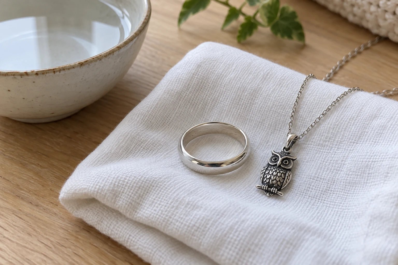 Bague et pendentif hibou argentés posés sur un chiffon blanc près d’un bol d’eau.